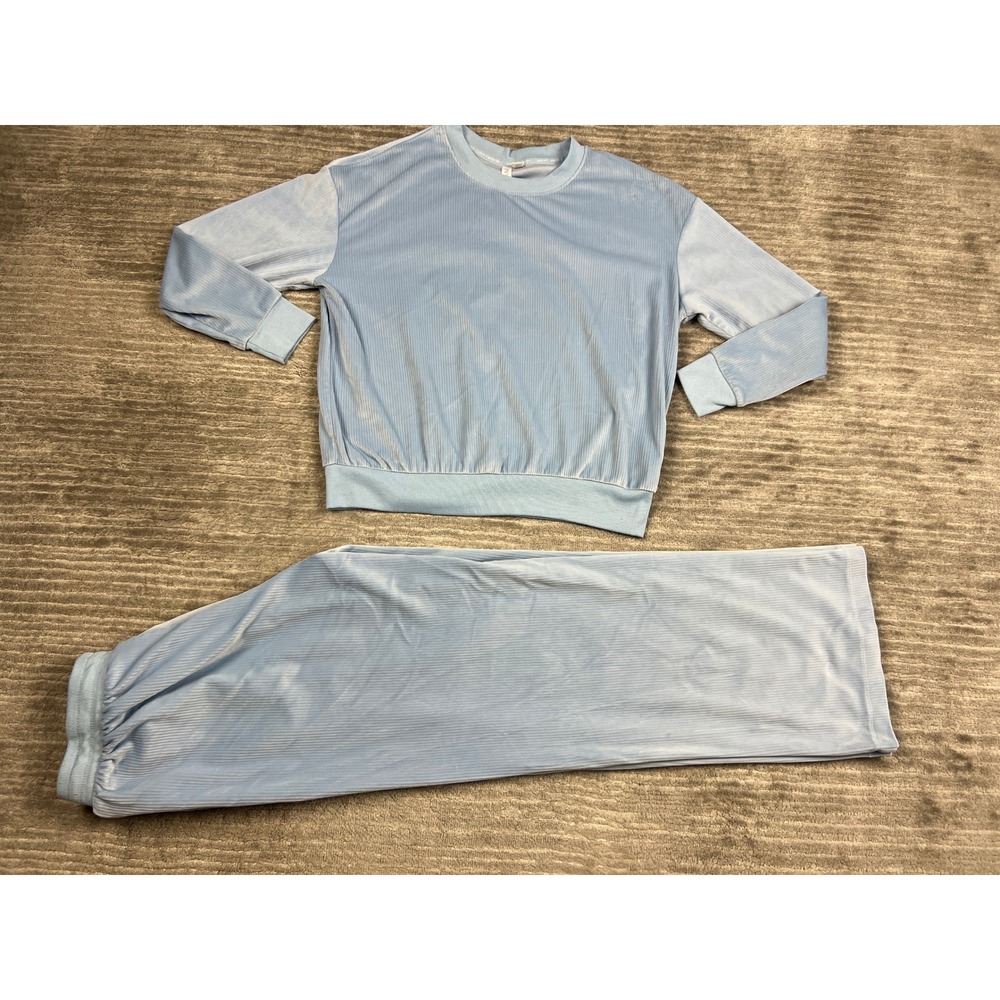 Joyspun Loungewear Set Womens S Blue Ribbed Velour Crewneck Wide Leg Pajamas
